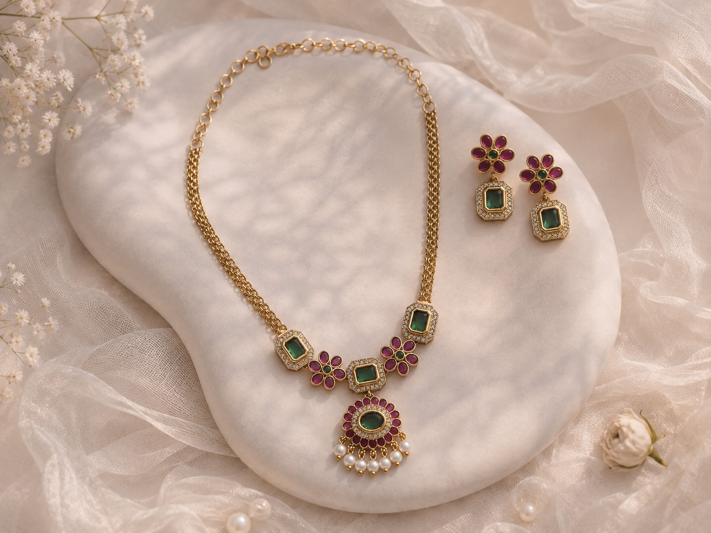 Emerald Ruby Floral Necklace Set