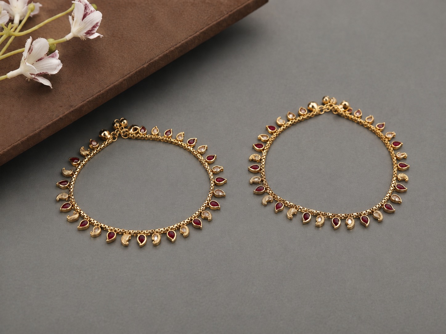 Ruby Teardrop Charm Anklet Pair