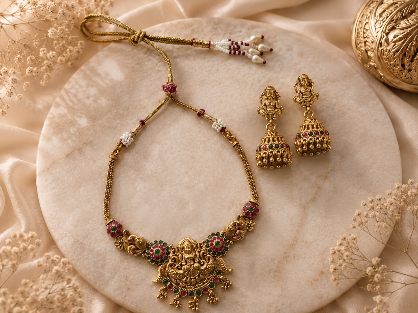 Lakshmi Temple Jewellery Necklace & Jhumka Set
