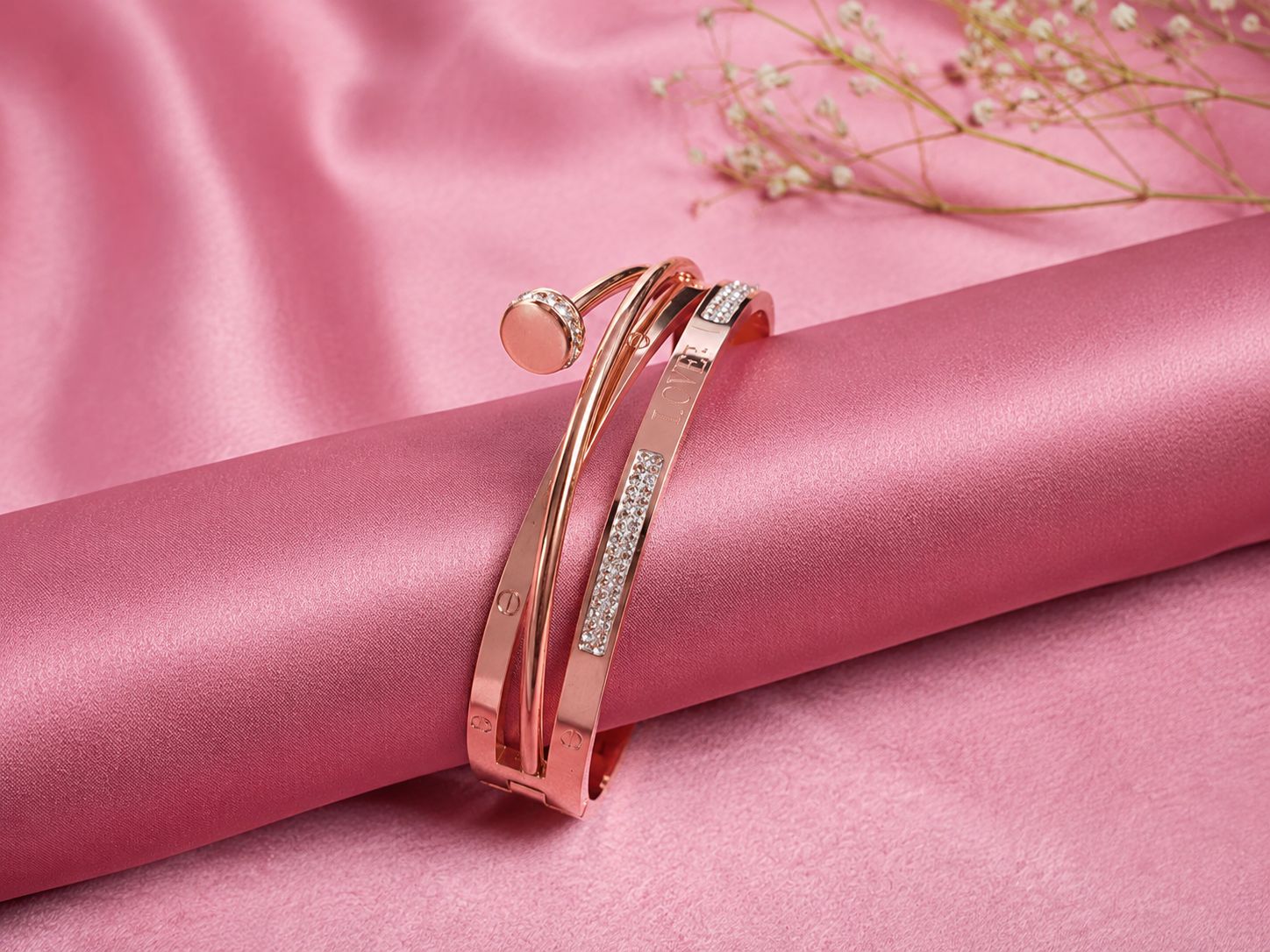 Rose Gold LOVE Crystal Double-Line Bangle