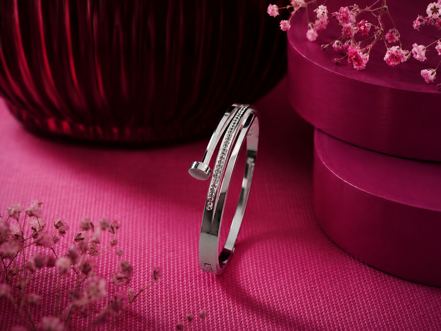 Silver-Finish Double-Line Crystal Open Bangle
