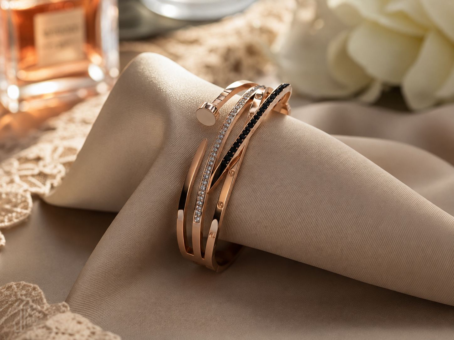 Rose Gold Triple-Line Crystal Open Bangle