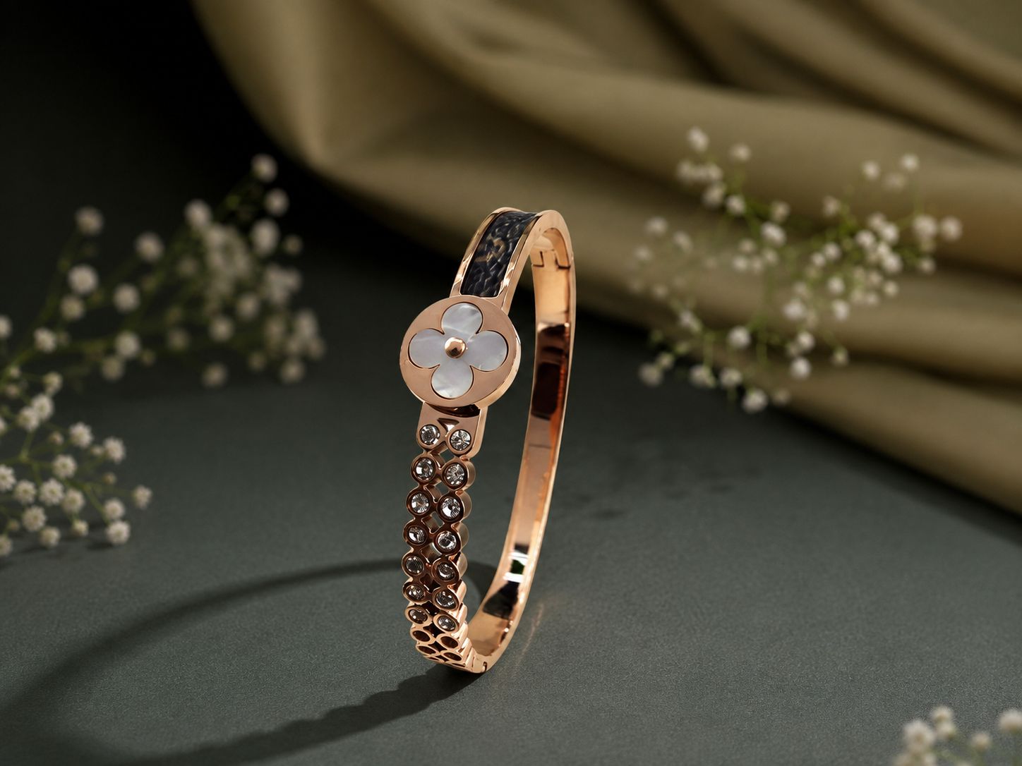 Rose Gold Floral Crystal Designer Bangle