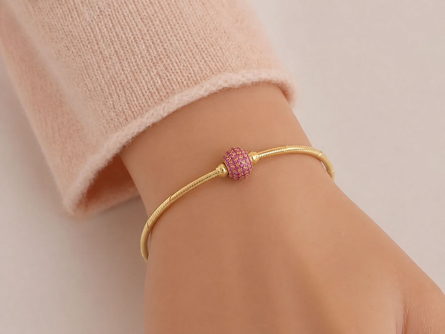 Gold-Finish Pink Stone-Embellished Ball Cuff Bangle