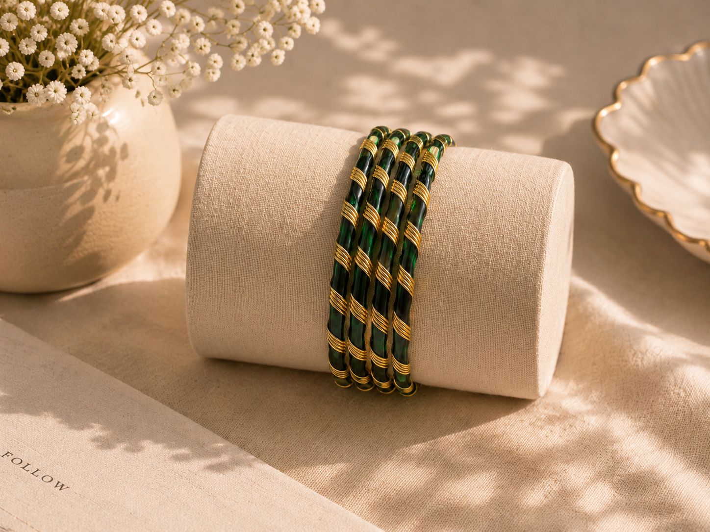 Emerald Green Glass-Look Spiral Bangles