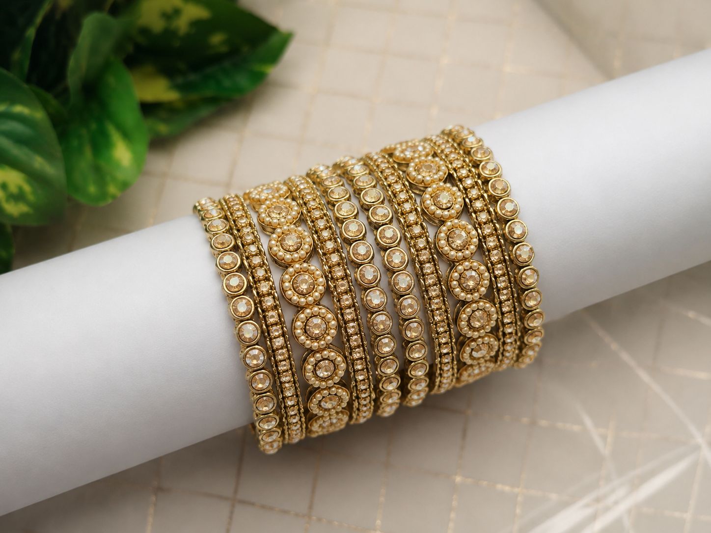 Antique Gold Crystal-Embellished Designer Bangles