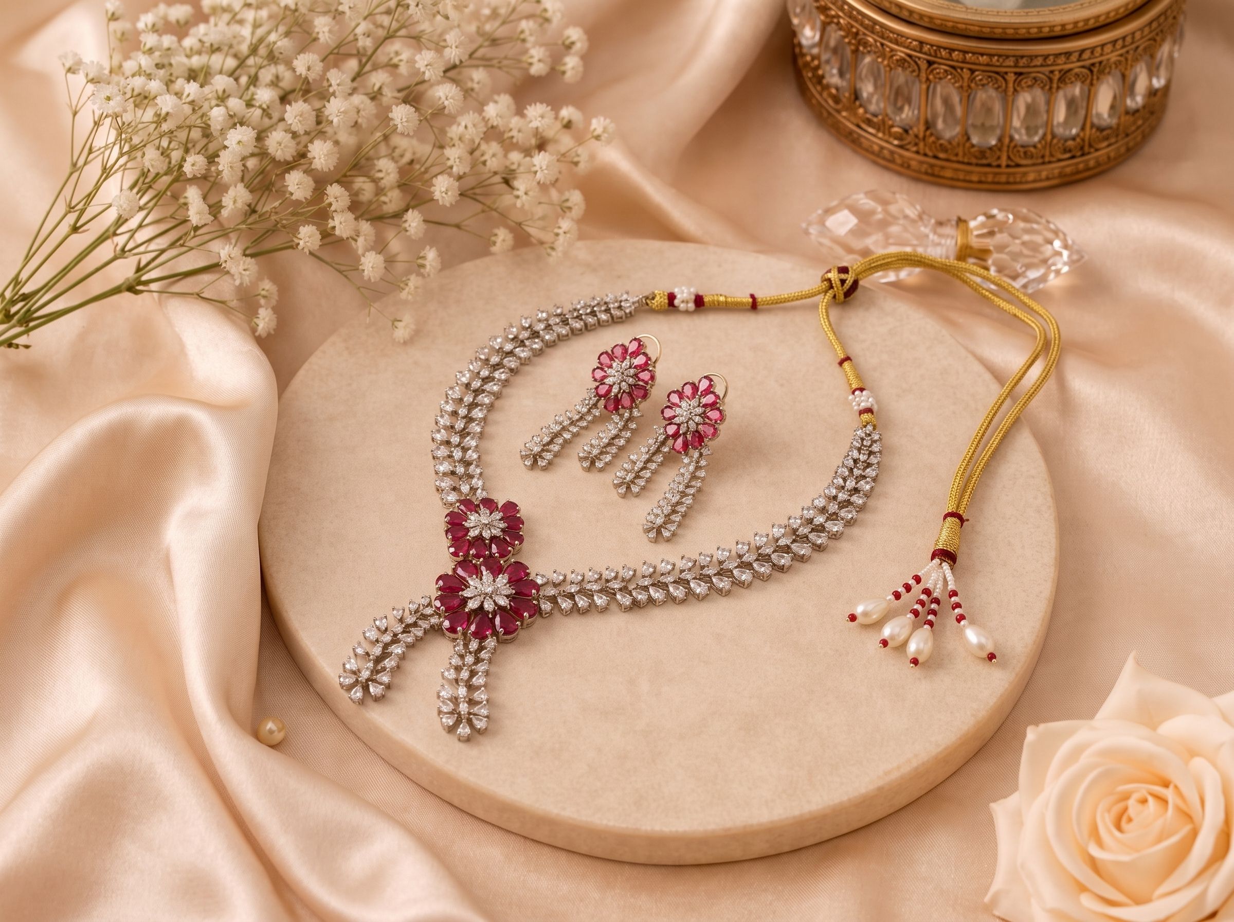 Ruby Red AD Stone Necklace Set