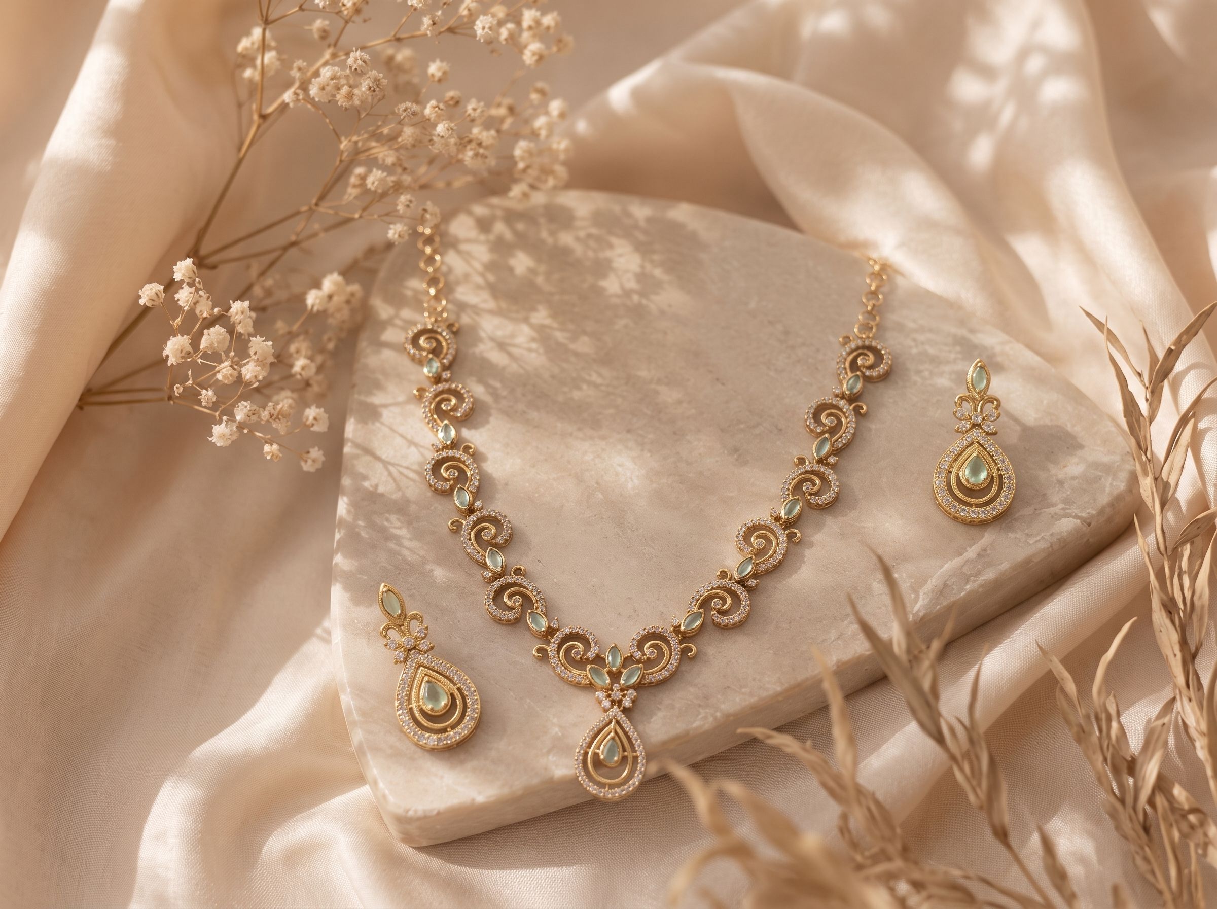 Sea Green Spiral AD Stone Necklace Set