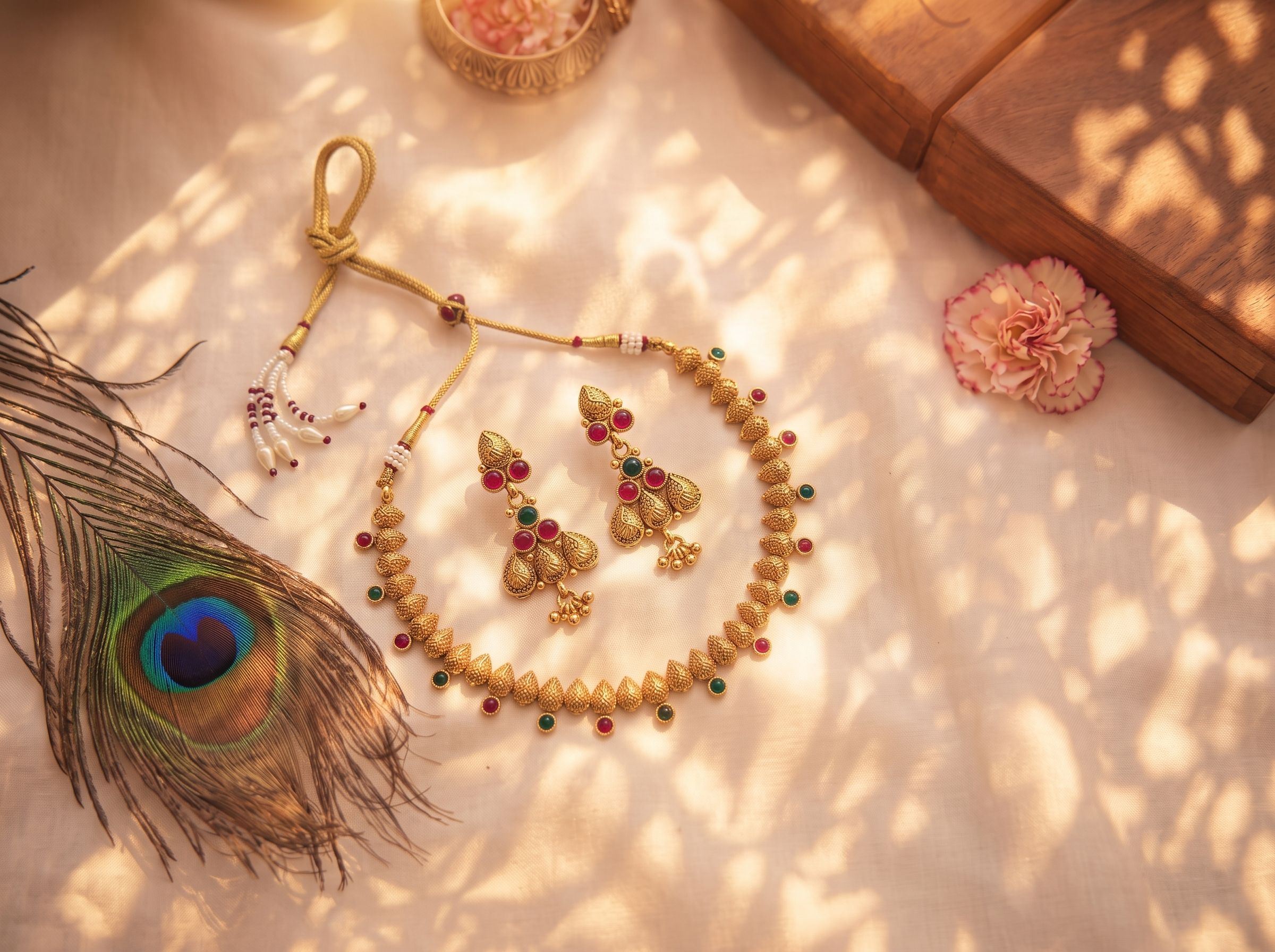 Gold-Tone Leaf Motif Stone Necklace Set