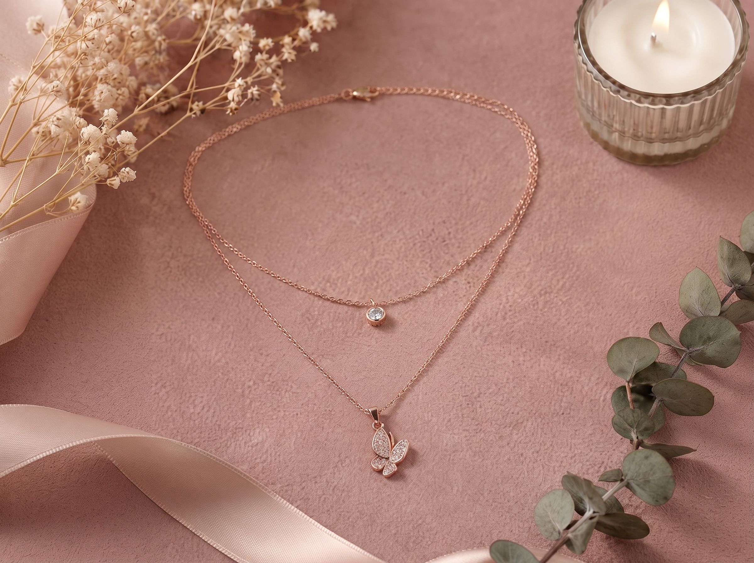 Rose Gold Double Layer Stone Butterfly Pendant Chain