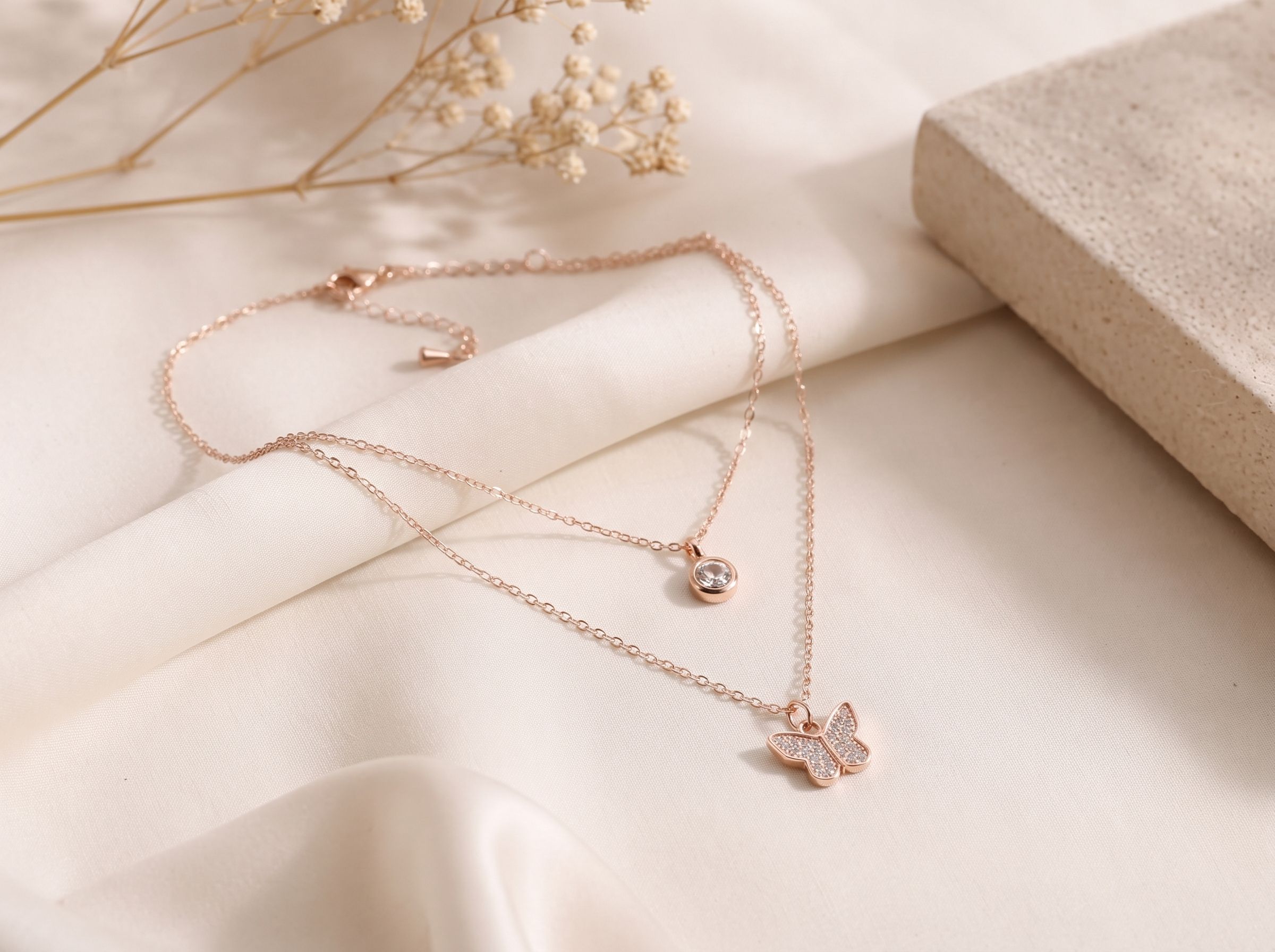 Rose Gold Layered Butterfly Charm Pendant Chain
