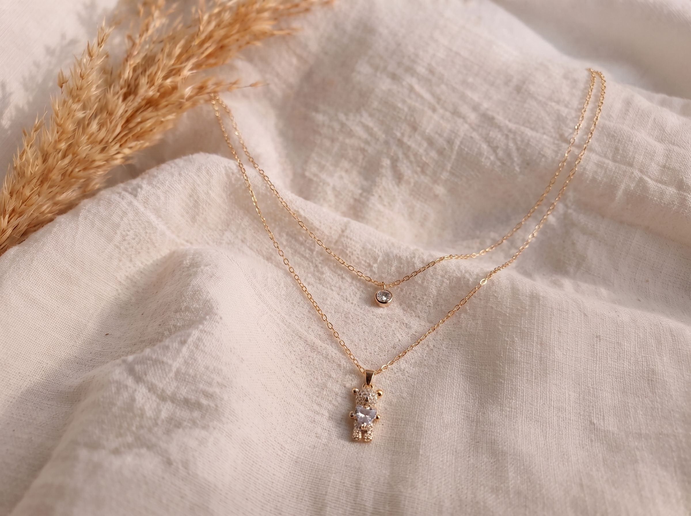 Golden Double Layer Teddy Bear Pendant Chain