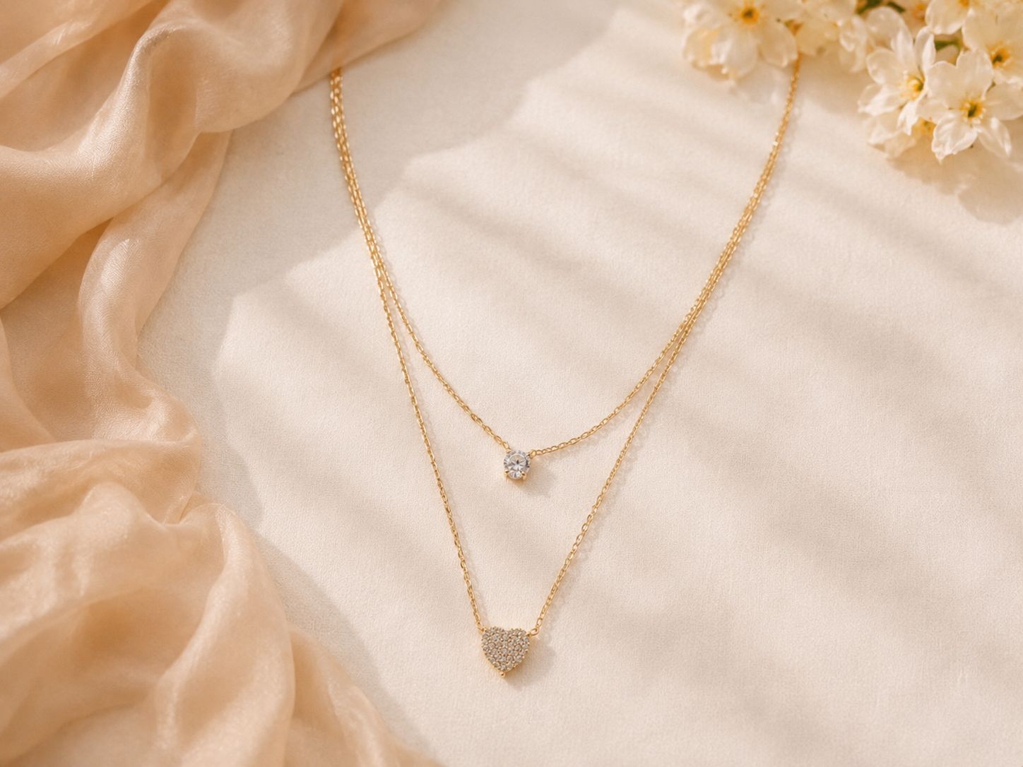Golden Double Layer Crystal Heart Pendent Chain