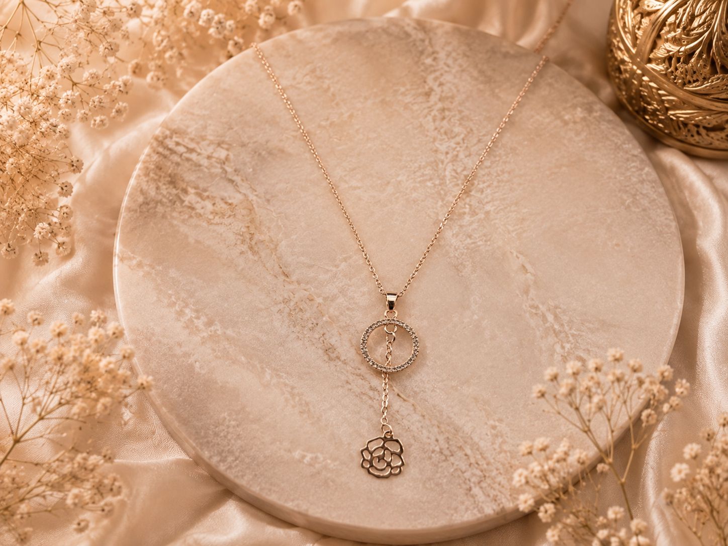 Rose Gold Circle Drop Stone Pendant Chain