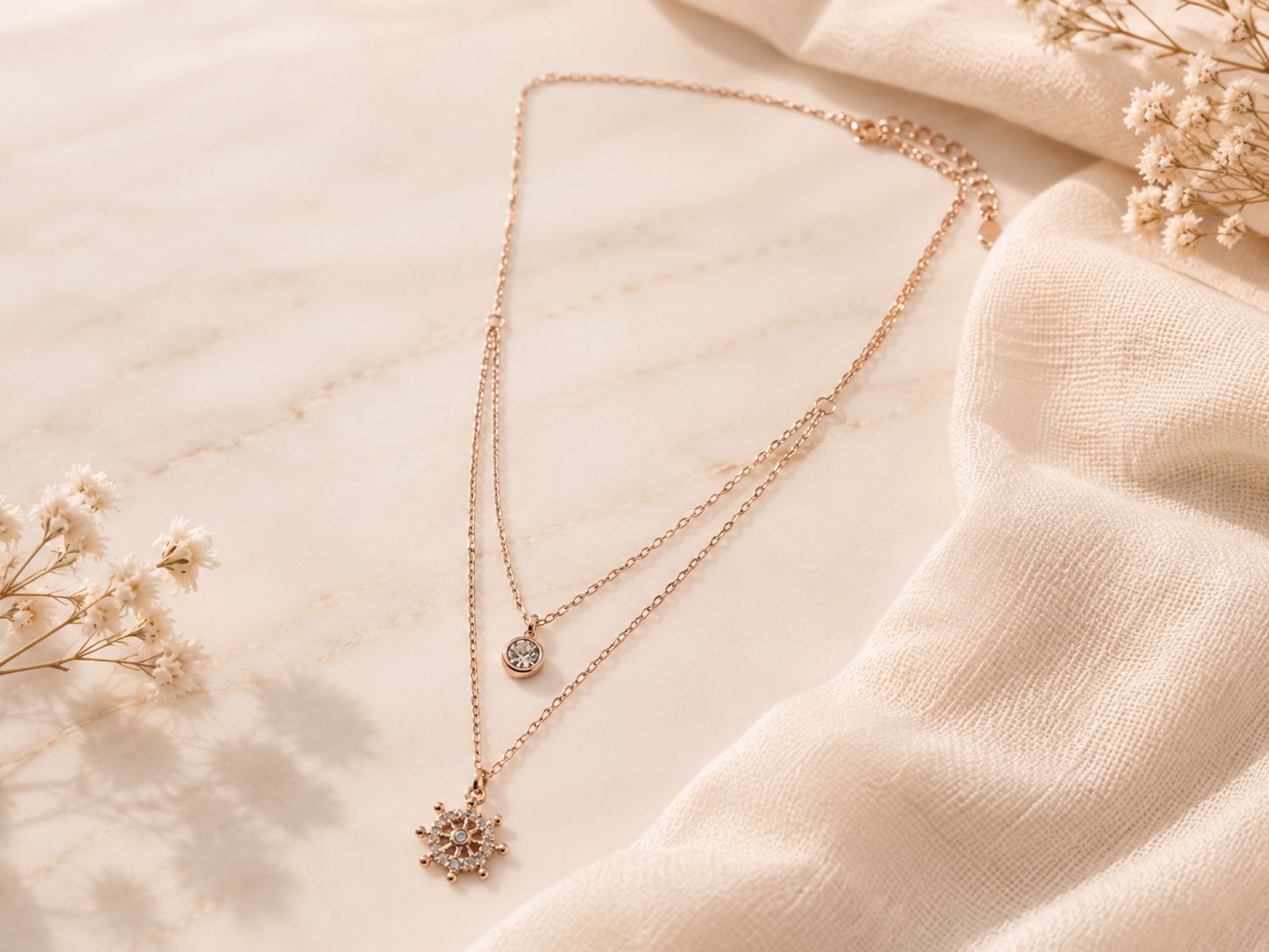 Rose Gold Helm Wheel Stone Layered Pendent Chain