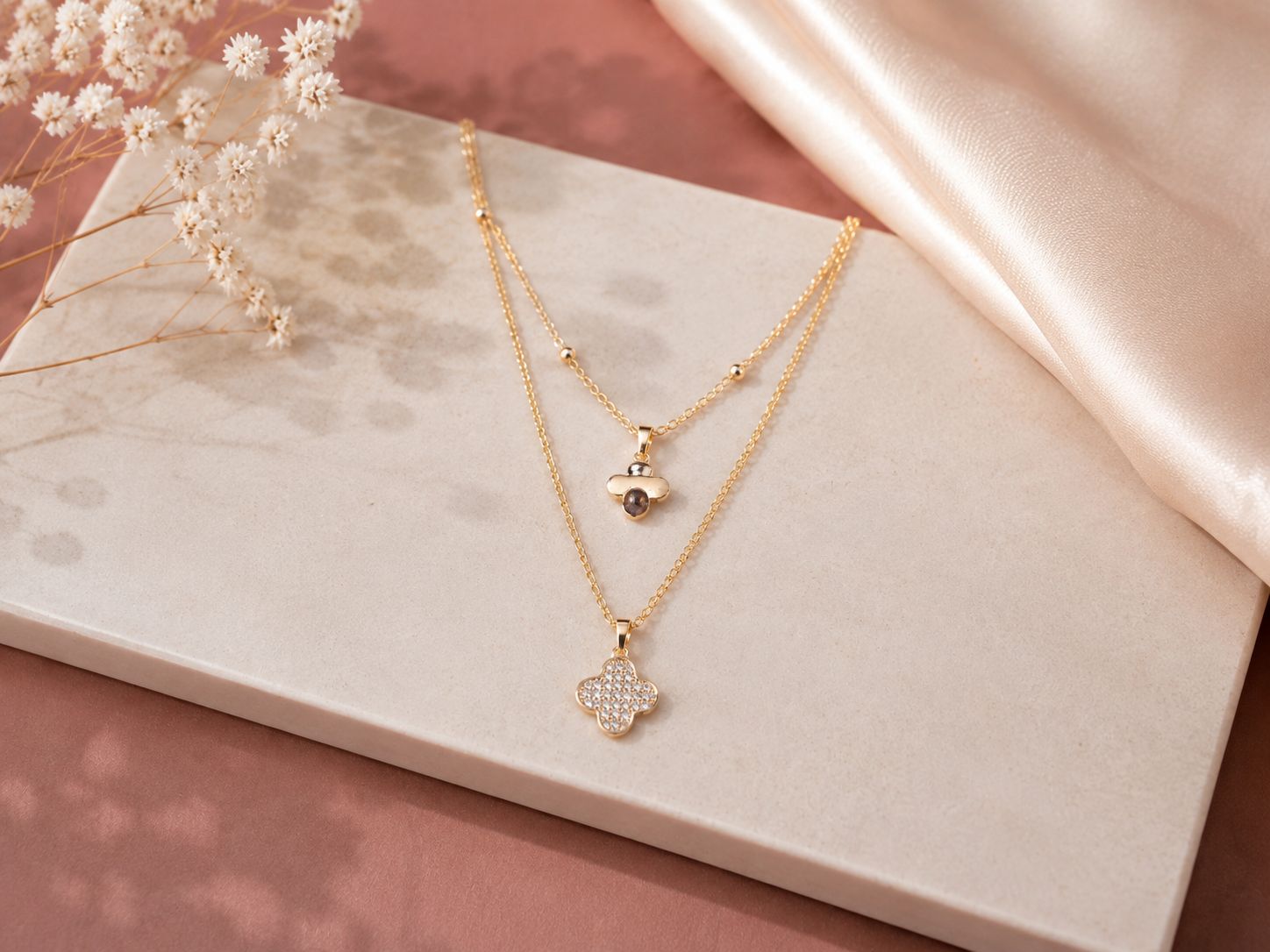 Gold-Tone Double Layer Clover Stone Chain