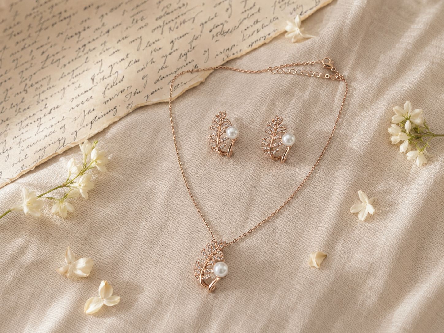 Rose Gold Floral Pearl Stone Pendant Chain Set