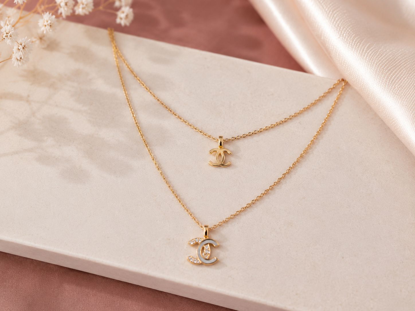 Gold-Tone Double Layer C-Shaped Charm Pendant Chain
