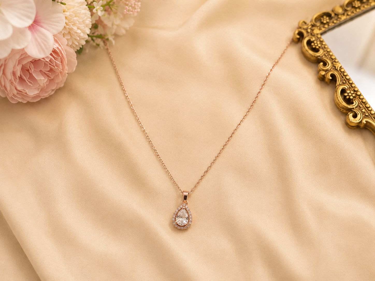 Rose Gold Teardrop Stone Pendant Chain