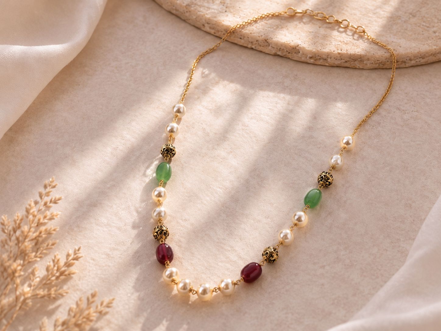 Elegant Emerald & Ruby Beaded Necklace