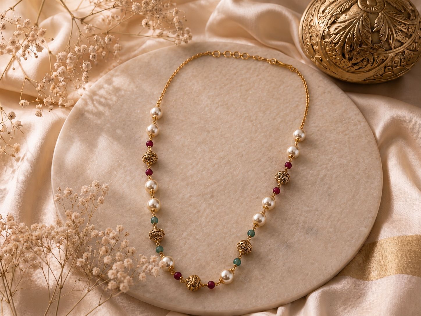 Pearl & Ruby Emerald Beaded Necklace