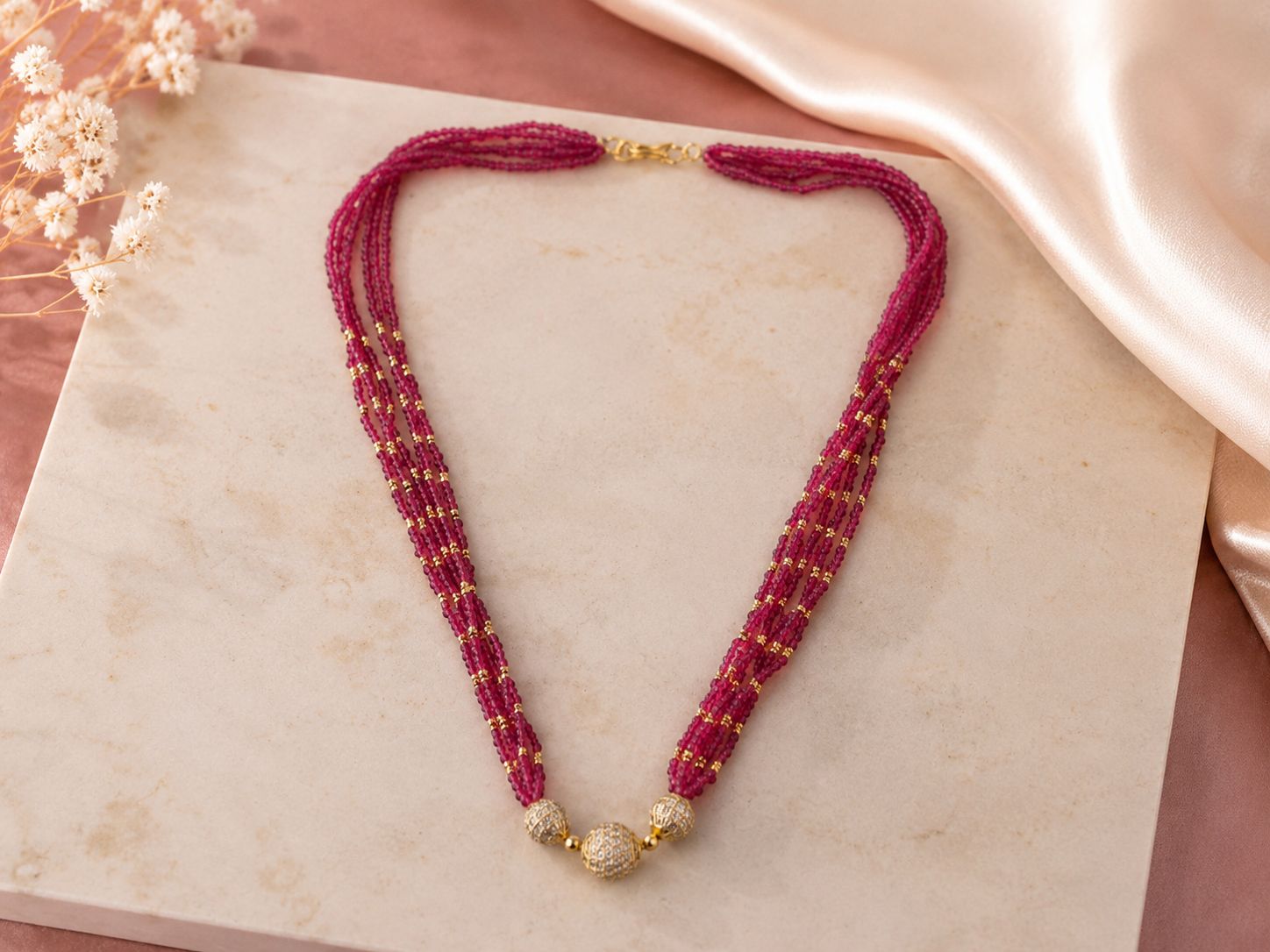 Ruby Pink Beaded Multi-Strand Necklace