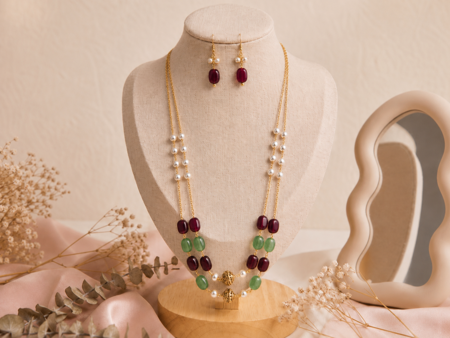 Ruby & Emerald Pearl Double Layer Necklace Set
