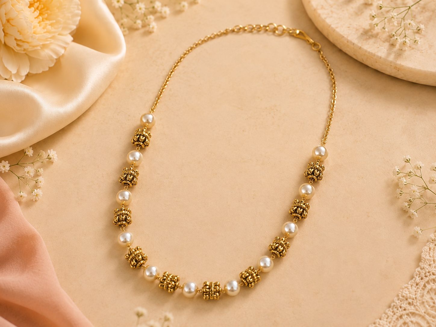 Pearl & Antique Gold Temple Bead Necklace