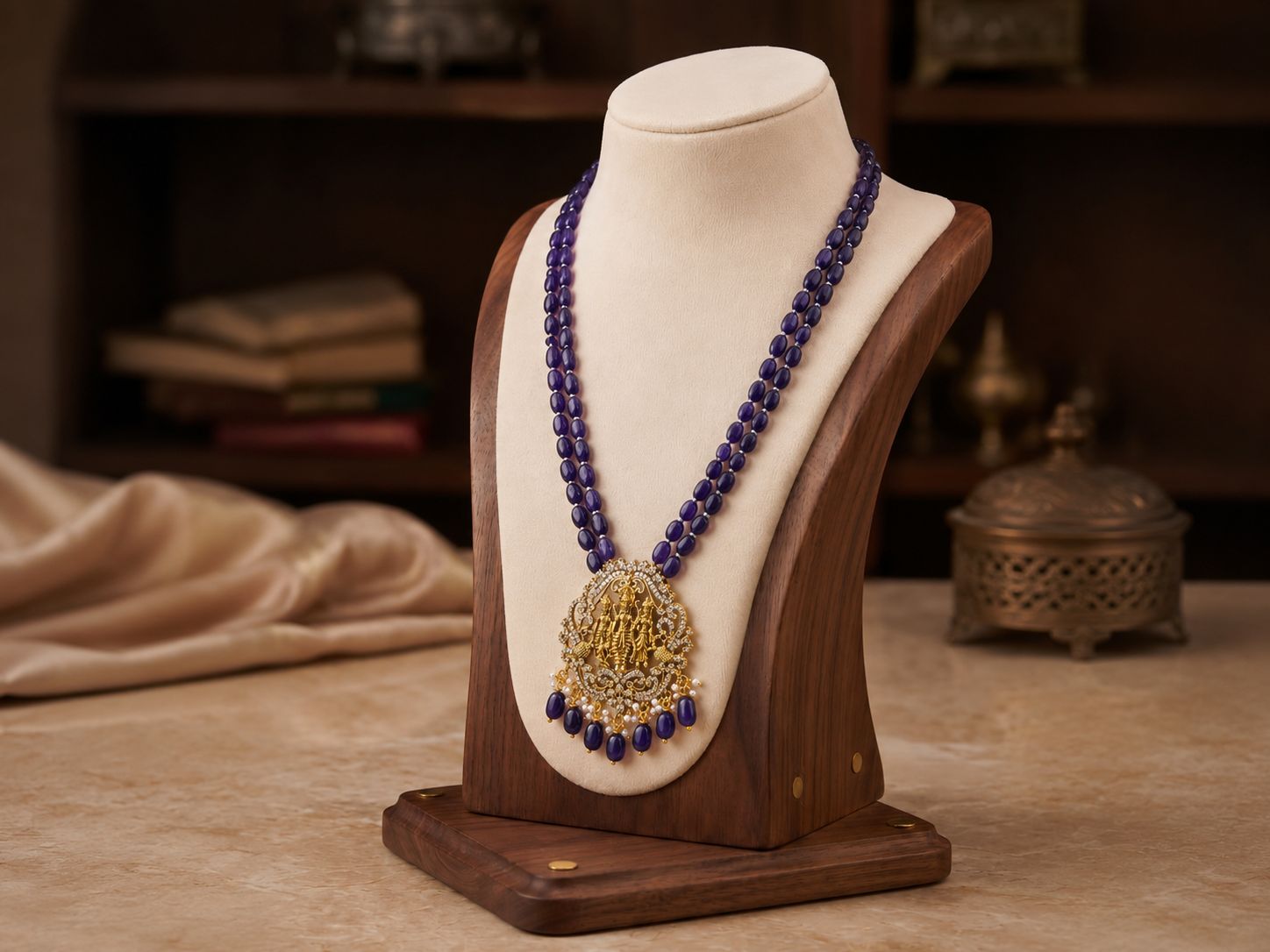Royal Blue Beaded Traditional Temple Pendant Necklace