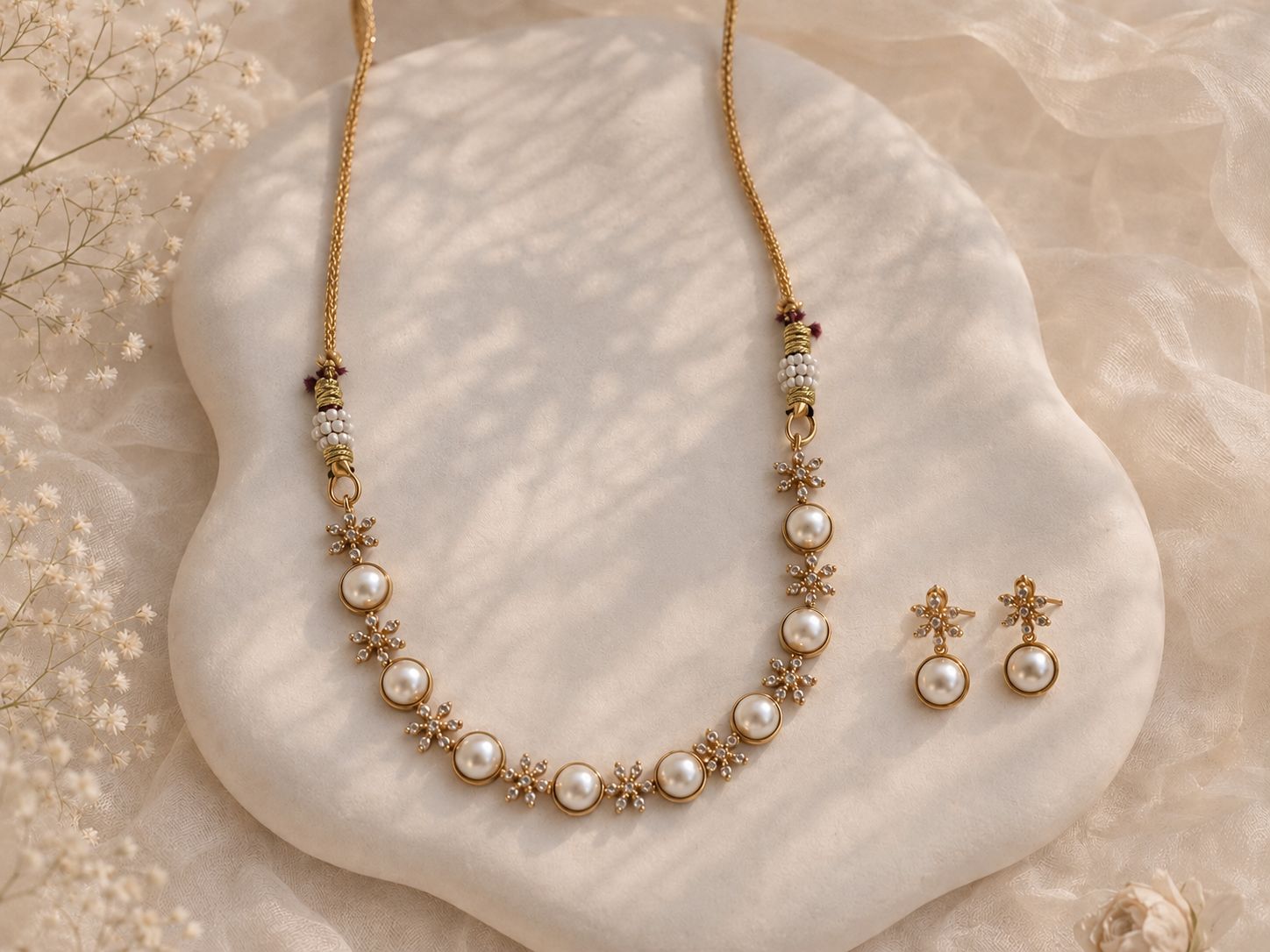 Pearl Floral AD Stone Necklace Set