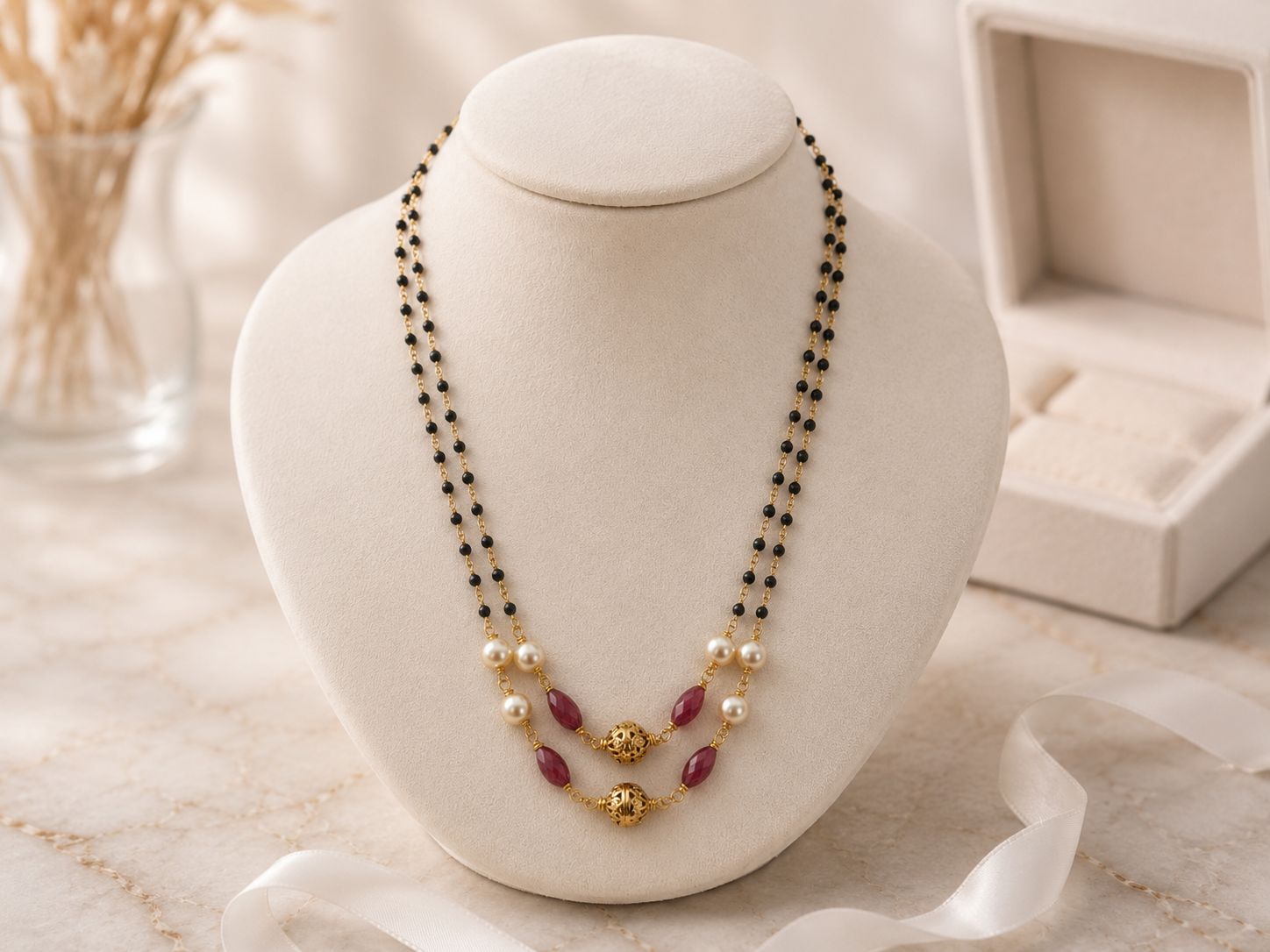 Ruby & Black Beaded Double Layer Necklace