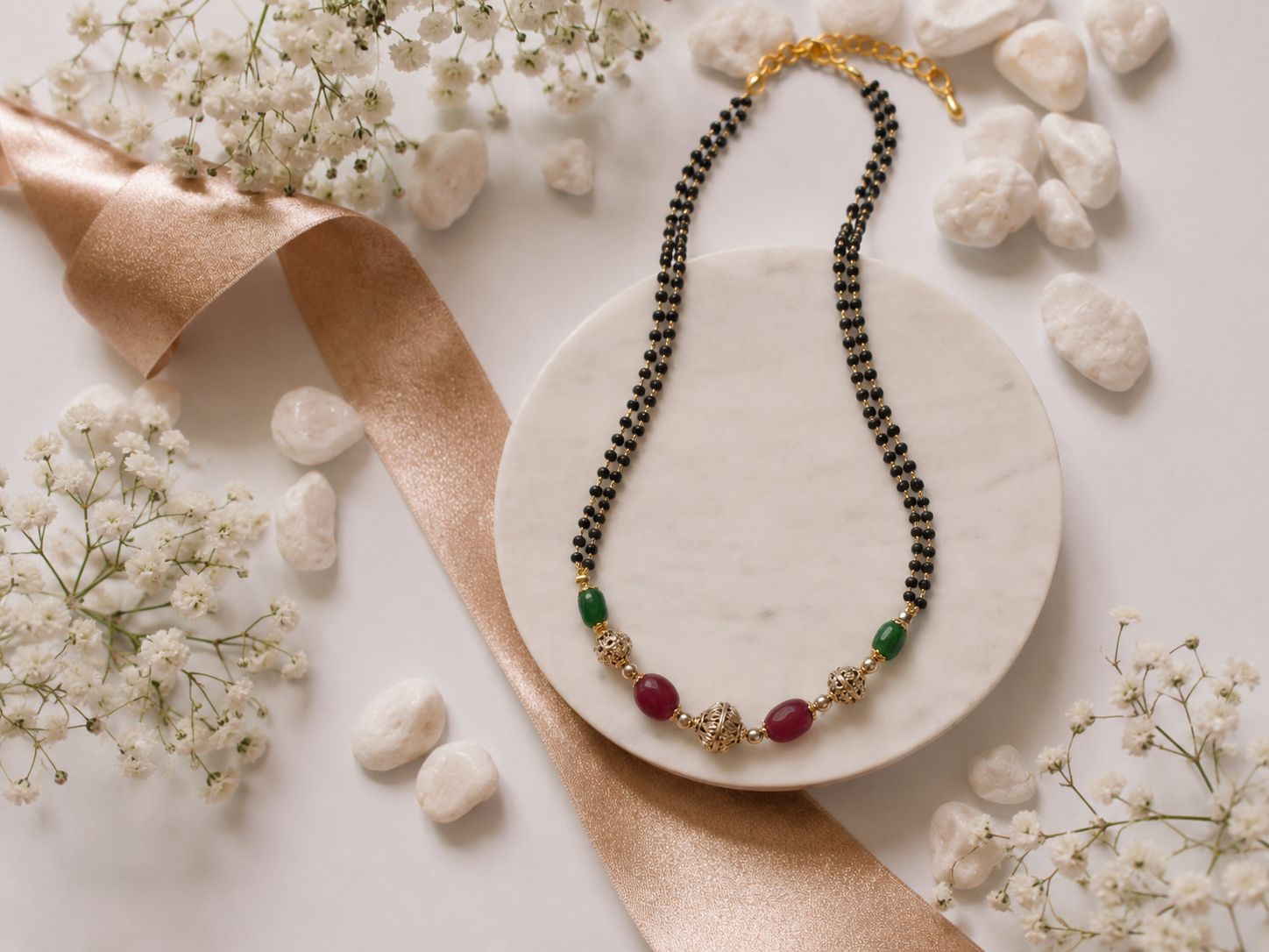 Ruby & Emerald Black Beaded  Necklace